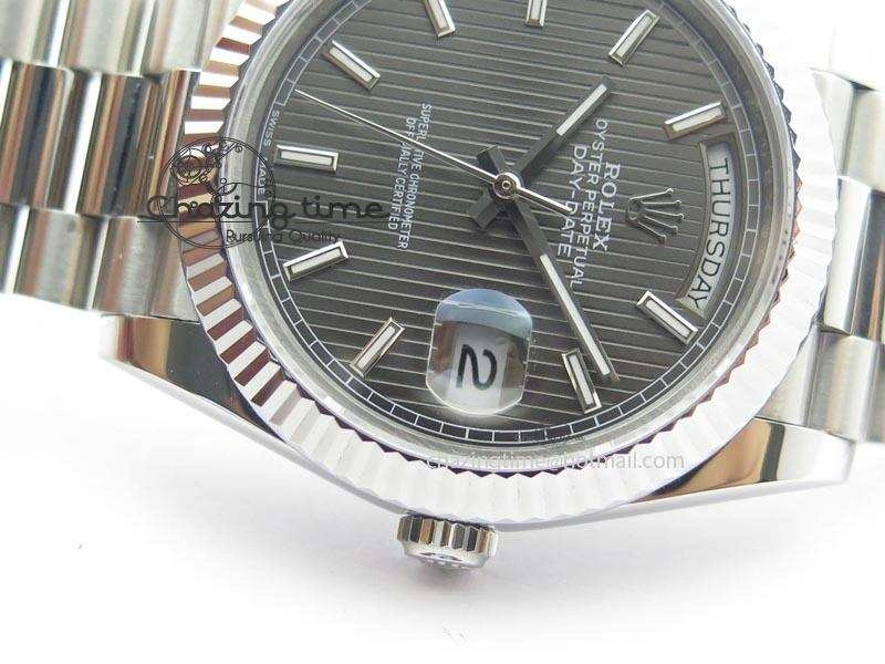 WaterResistant DayDate 40mm BP-Maker 228206 SS Gray Stick Dial (Fluted Bezel) On SS Bracelet ETA 3911