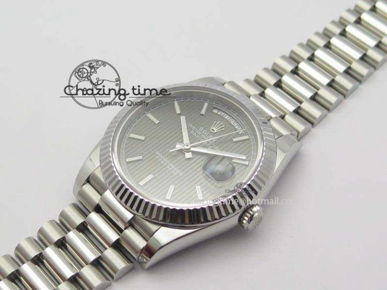 WaterResistant DayDate 40mm BP-Maker 228206 SS Gray Stick Dial (Fluted Bezel) On SS Bracelet ETA 3911