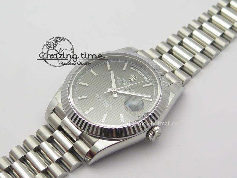 WaterResistant DayDate 40mm BP-Maker 228206 SS Gray Stick Dial (Fluted Bezel) On SS Bracelet ETA 3911