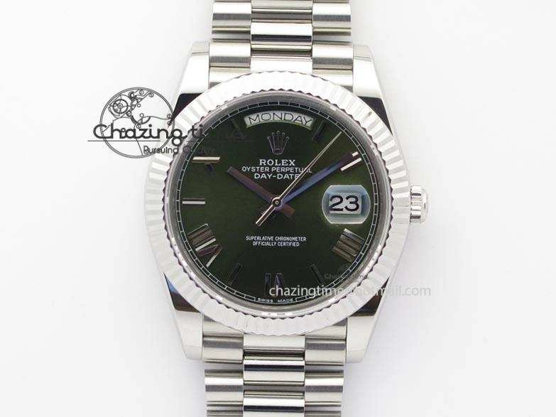 DayDate 40mm BP-Maker 228206 SS Green Roman Dial (Fluted Bezel) On SS Bracelet ETA Stylish 3904