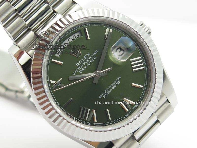DayDate 40mm BP-Maker 228206 SS Green Roman Dial (Fluted Bezel) On SS Bracelet ETA Stylish 3904
