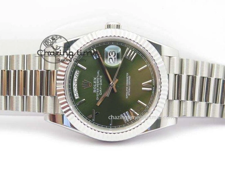 DayDate 40mm BP-Maker 228206 SS Green Roman Dial (Fluted Bezel) On SS Bracelet ETA Stylish 3904