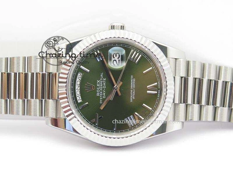 DayDate 40mm BP-Maker 228206 SS Green Roman Dial (Fluted Bezel) On SS Bracelet ETA Stylish 3904