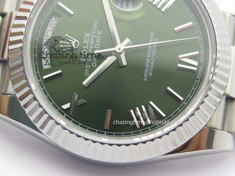 DayDate 40mm BP-Maker 228206 SS Green Roman Dial (Fluted Bezel) On SS Bracelet ETA Stylish 3904
