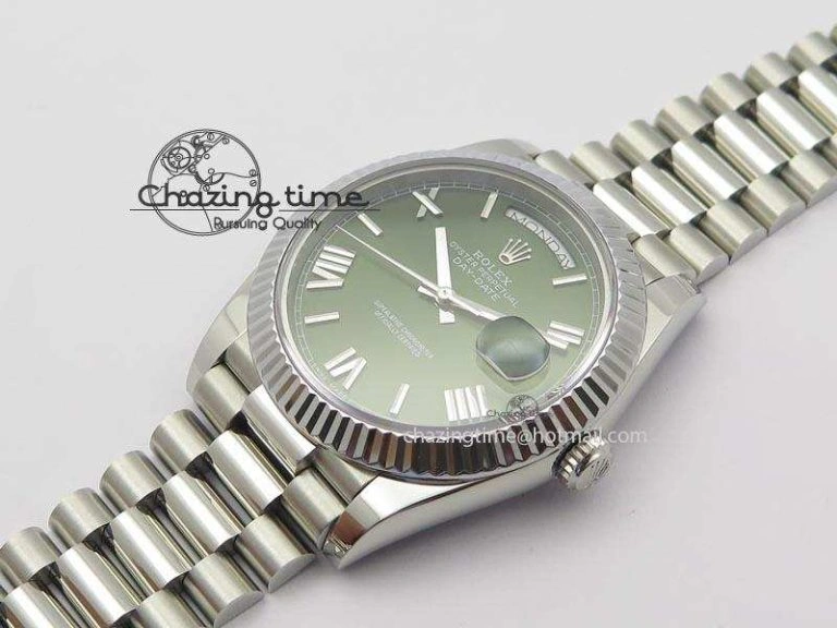 DayDate 40mm BP-Maker 228206 SS Green Roman Dial (Fluted Bezel) On SS Bracelet ETA Stylish 3904