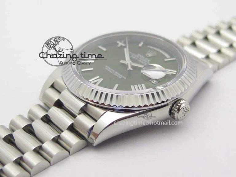 DayDate 40mm BP-Maker 228206 SS Green Roman Dial (Fluted Bezel) On SS Bracelet ETA Stylish 3904