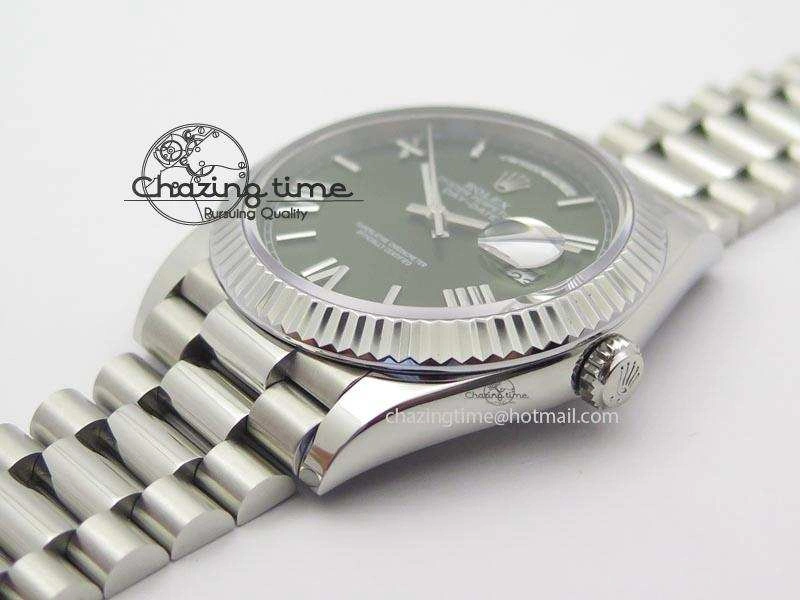 DayDate 40mm BP-Maker 228206 SS Green Roman Dial (Fluted Bezel) On SS Bracelet ETA Stylish 3904