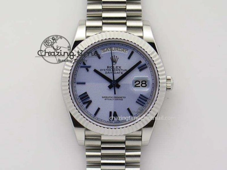GoAnywhere DayDate 40mm BP-Maker 228206 SS Ice Blue Roman Dial (Fluted Bezel) On SS Bracelet ETA 3910