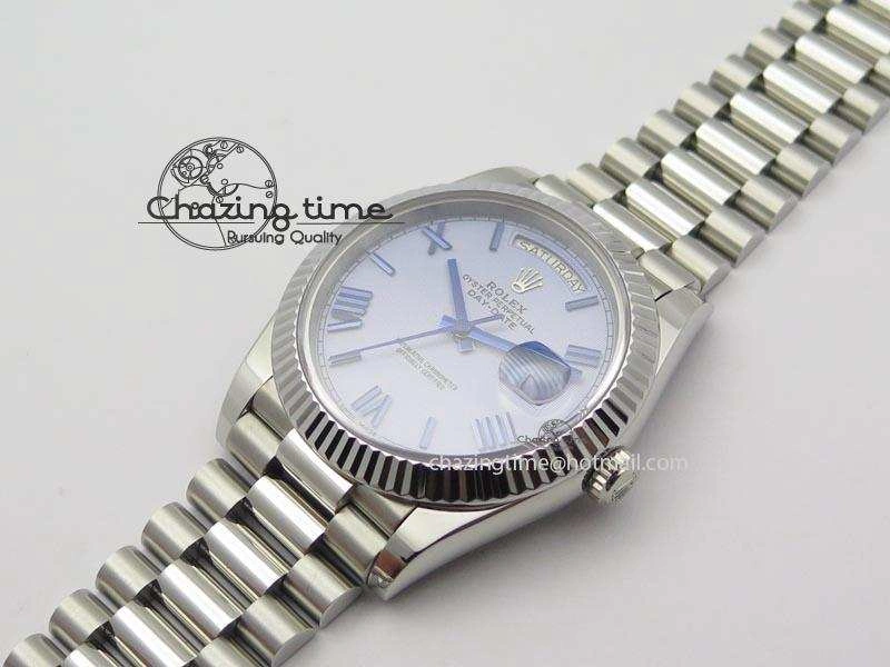 GoAnywhere DayDate 40mm BP-Maker 228206 SS Ice Blue Roman Dial (Fluted Bezel) On SS Bracelet ETA 3910