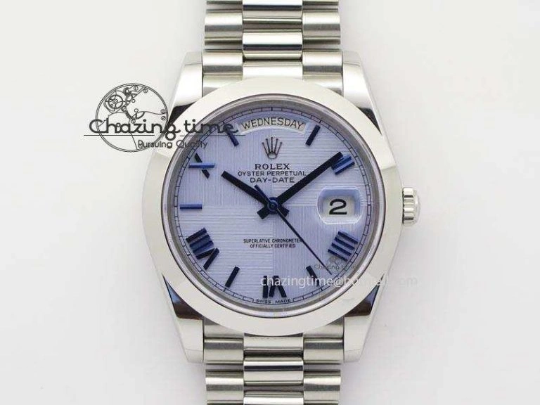Chic DayDate 40mm BP-Maker 228206 SS Ice Blue Roman Dial (Smooth Bezel) On SS Bracelet ETA 3912