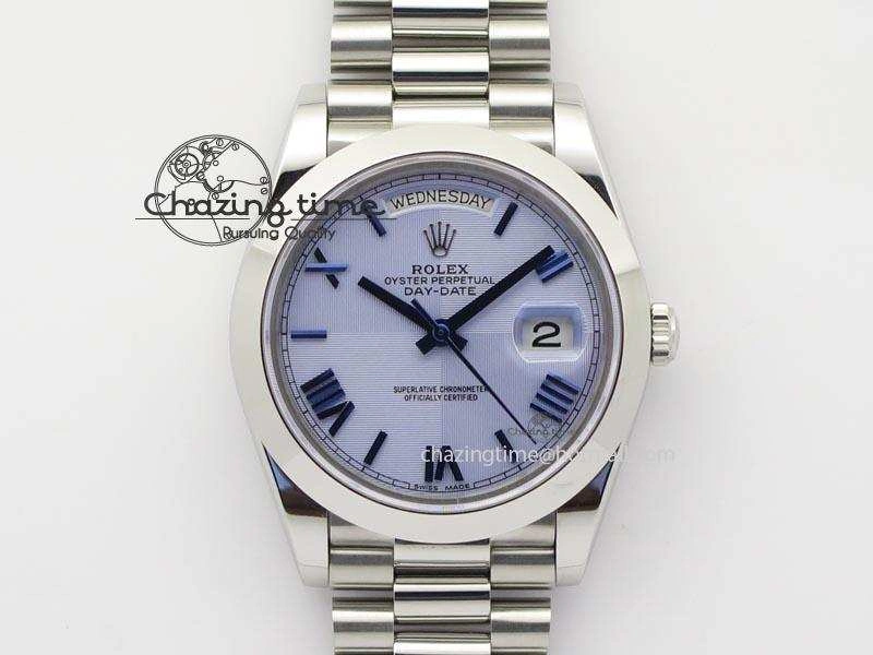Chic DayDate 40mm BP-Maker 228206 SS Ice Blue Roman Dial (Smooth Bezel) On SS Bracelet ETA 3912