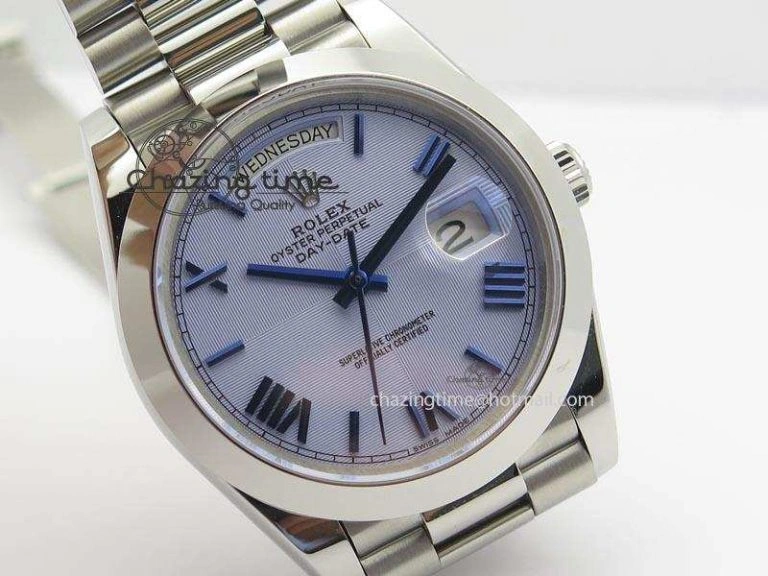 Chic DayDate 40mm BP-Maker 228206 SS Ice Blue Roman Dial (Smooth Bezel) On SS Bracelet ETA 3912