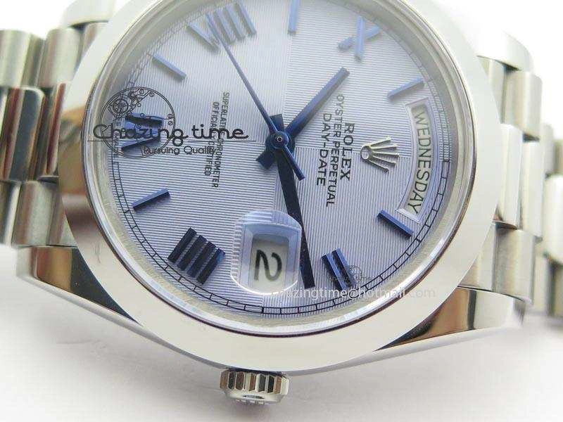 Chic DayDate 40mm BP-Maker 228206 SS Ice Blue Roman Dial (Smooth Bezel) On SS Bracelet ETA 3912