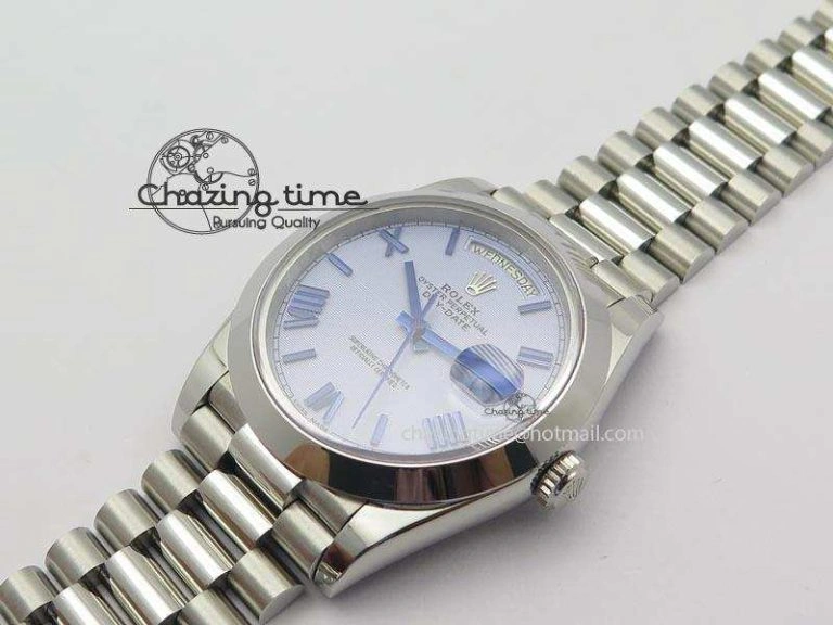 Chic DayDate 40mm BP-Maker 228206 SS Ice Blue Roman Dial (Smooth Bezel) On SS Bracelet ETA 3912