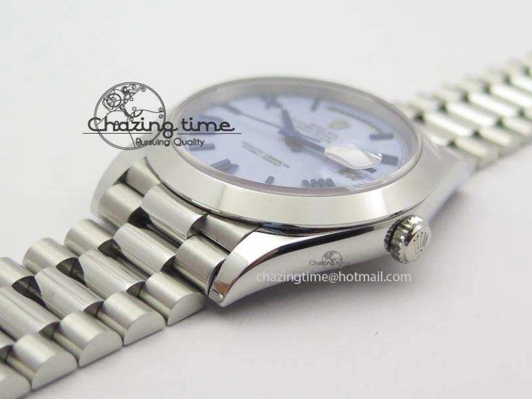 Chic DayDate 40mm BP-Maker 228206 SS Ice Blue Roman Dial (Smooth Bezel) On SS Bracelet ETA 3912