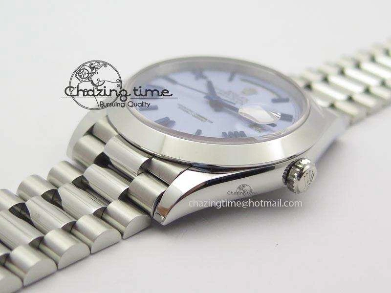 Chic DayDate 40mm BP-Maker 228206 SS Ice Blue Roman Dial (Smooth Bezel) On SS Bracelet ETA 3912