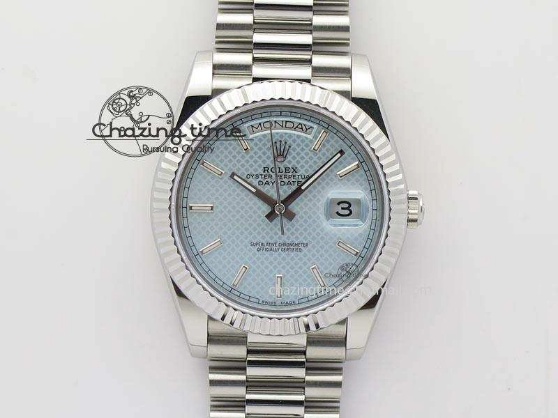 DayDate 40mm BP-Maker 228206 SS Ice Blue Stick Dial (Fluted Bezel) On SS Bracelet ETA Colorful 3909