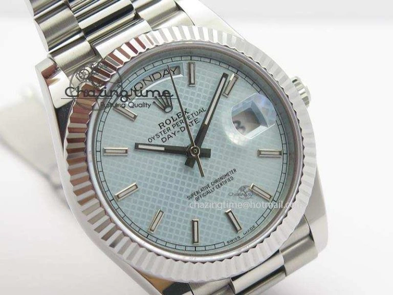 DayDate 40mm BP-Maker 228206 SS Ice Blue Stick Dial (Fluted Bezel) On SS Bracelet ETA Colorful 3909