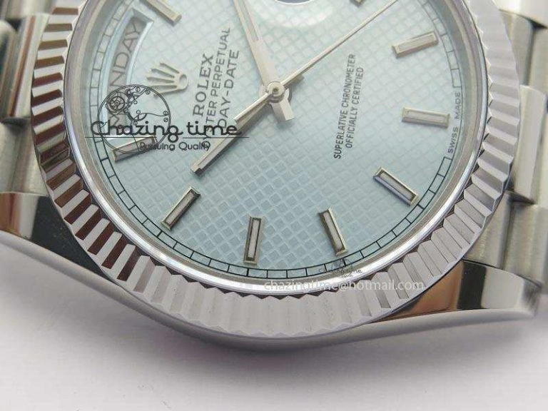 DayDate 40mm BP-Maker 228206 SS Ice Blue Stick Dial (Fluted Bezel) On SS Bracelet ETA Colorful 3909