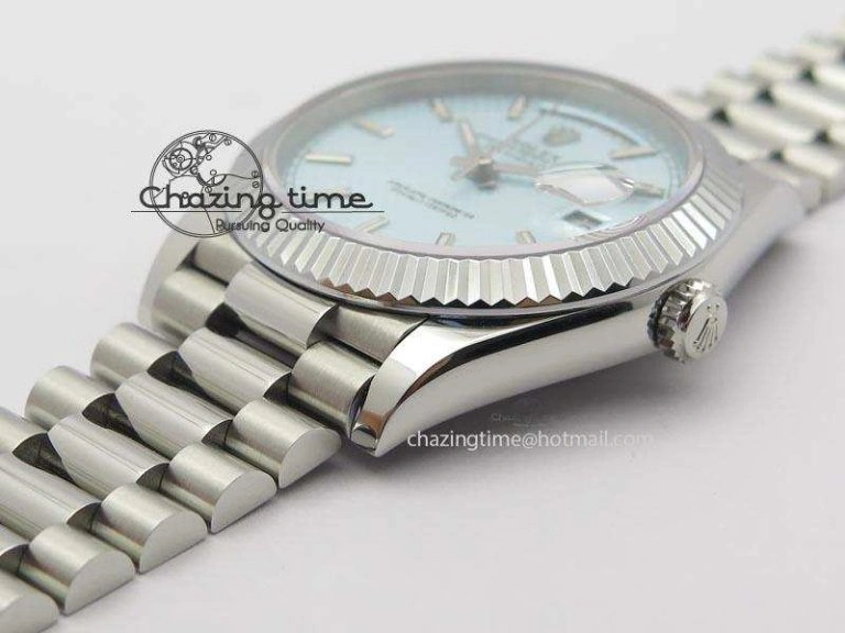 DayDate 40mm BP-Maker 228206 SS Ice Blue Stick Dial (Fluted Bezel) On SS Bracelet ETA Colorful 3909