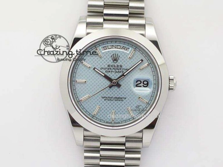 DailyWear DayDate 40mm BP-Maker 228206 SS Ice Blue Stick Dial (Smooth Bezel) On SS Bracelet ETA 3913