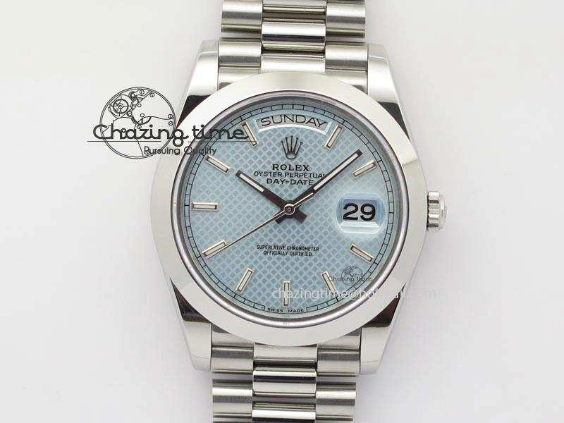 DailyWear DayDate 40mm BP-Maker 228206 SS Ice Blue Stick Dial (Smooth Bezel) On SS Bracelet ETA 3913