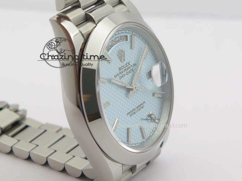 DailyWear DayDate 40mm BP-Maker 228206 SS Ice Blue Stick Dial (Smooth Bezel) On SS Bracelet ETA 3913