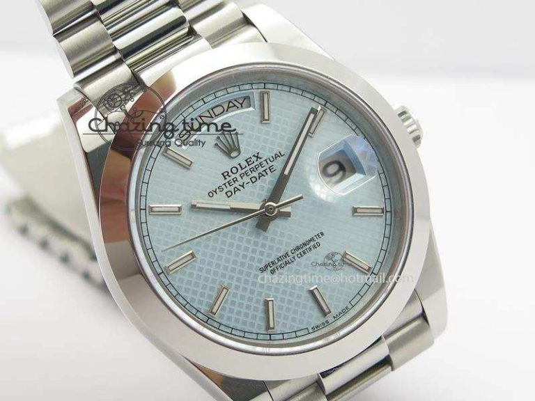 DailyWear DayDate 40mm BP-Maker 228206 SS Ice Blue Stick Dial (Smooth Bezel) On SS Bracelet ETA 3913