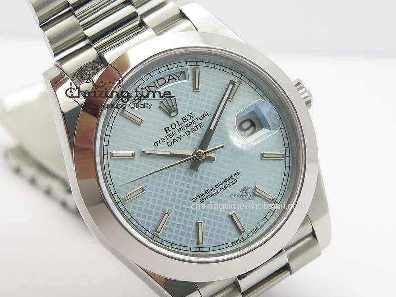 DailyWear DayDate 40mm BP-Maker 228206 SS Ice Blue Stick Dial (Smooth Bezel) On SS Bracelet ETA 3913