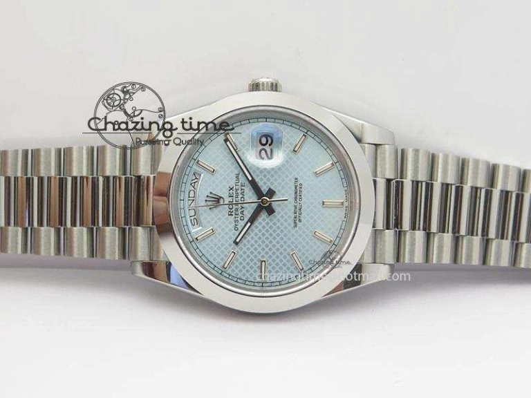 DailyWear DayDate 40mm BP-Maker 228206 SS Ice Blue Stick Dial (Smooth Bezel) On SS Bracelet ETA 3913