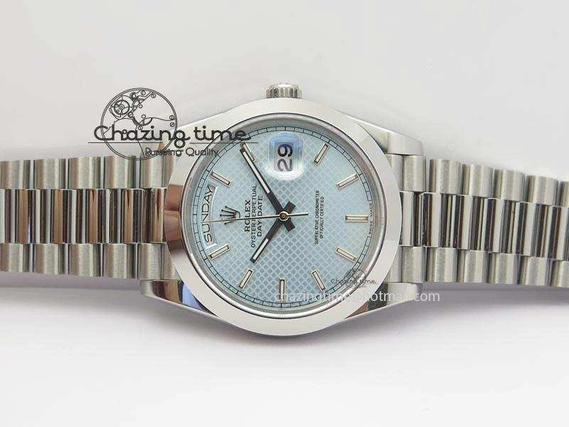 DailyWear DayDate 40mm BP-Maker 228206 SS Ice Blue Stick Dial (Smooth Bezel) On SS Bracelet ETA 3913