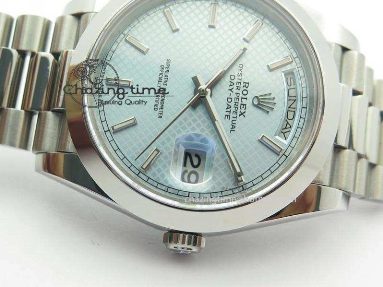 DailyWear DayDate 40mm BP-Maker 228206 SS Ice Blue Stick Dial (Smooth Bezel) On SS Bracelet ETA 3913