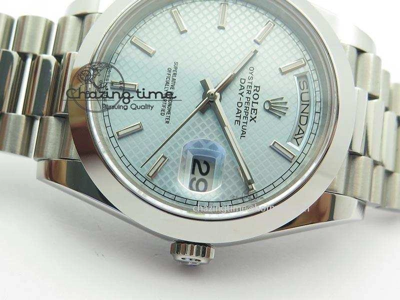 DailyWear DayDate 40mm BP-Maker 228206 SS Ice Blue Stick Dial (Smooth Bezel) On SS Bracelet ETA 3913