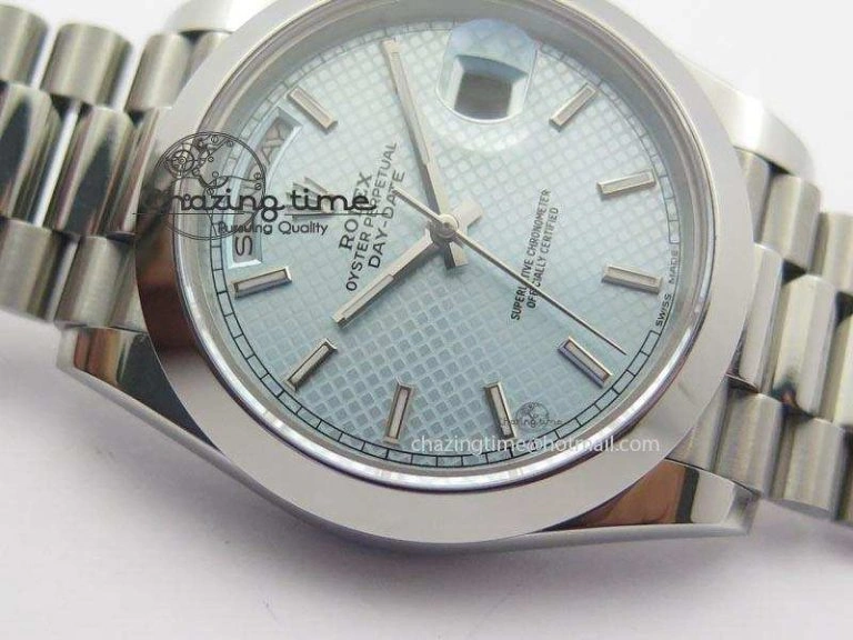 DailyWear DayDate 40mm BP-Maker 228206 SS Ice Blue Stick Dial (Smooth Bezel) On SS Bracelet ETA 3913