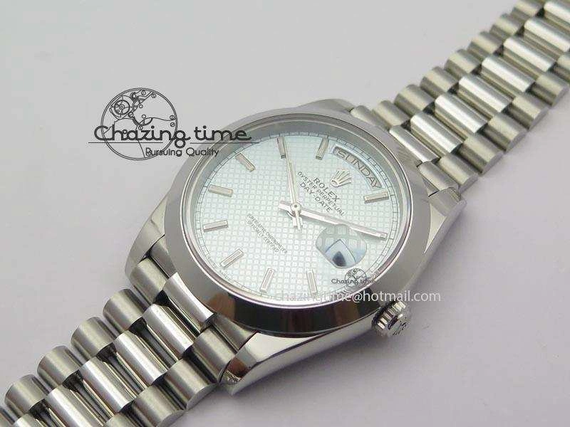 DailyWear DayDate 40mm BP-Maker 228206 SS Ice Blue Stick Dial (Smooth Bezel) On SS Bracelet ETA 3913