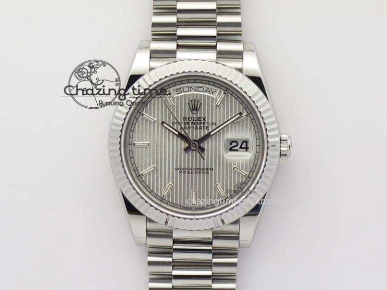 DayDate 40mm BP-Maker 228206 SS Silver Stick Dial (Fluted Bezel) On SS Bracelet ETA Lightweight 3908