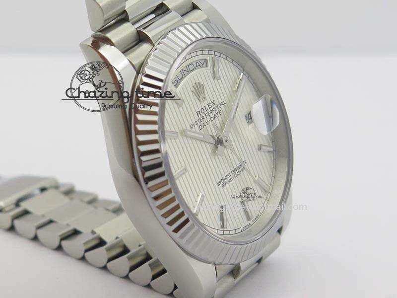 DayDate 40mm BP-Maker 228206 SS Silver Stick Dial (Fluted Bezel) On SS Bracelet ETA Lightweight 3908