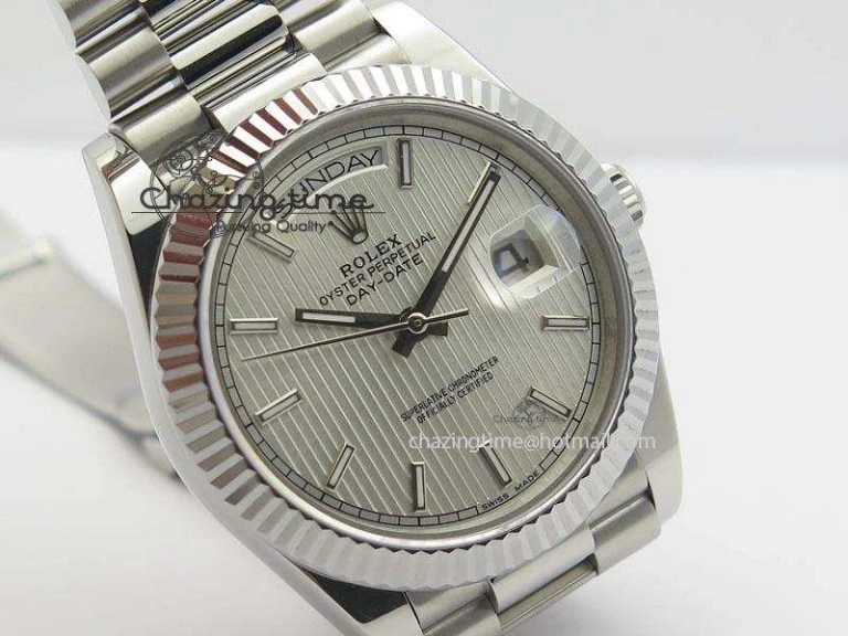 DayDate 40mm BP-Maker 228206 SS Silver Stick Dial (Fluted Bezel) On SS Bracelet ETA Lightweight 3908