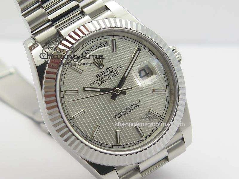 DayDate 40mm BP-Maker 228206 SS Silver Stick Dial (Fluted Bezel) On SS Bracelet ETA Lightweight 3908