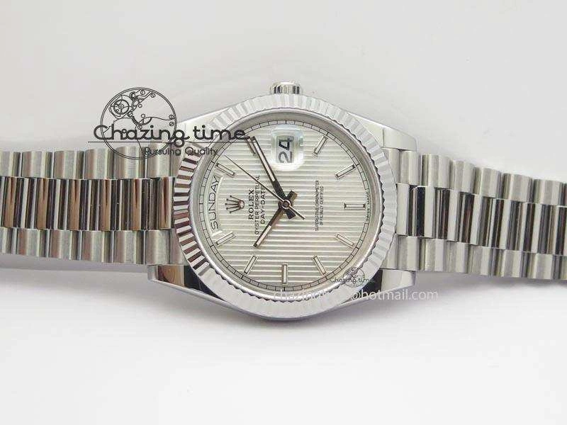 DayDate 40mm BP-Maker 228206 SS Silver Stick Dial (Fluted Bezel) On SS Bracelet ETA Lightweight 3908