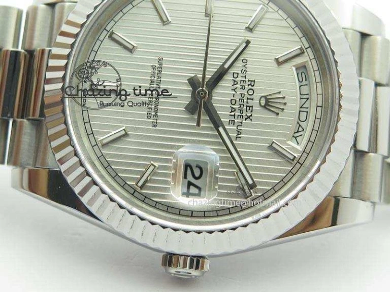 DayDate 40mm BP-Maker 228206 SS Silver Stick Dial (Fluted Bezel) On SS Bracelet ETA Lightweight 3908