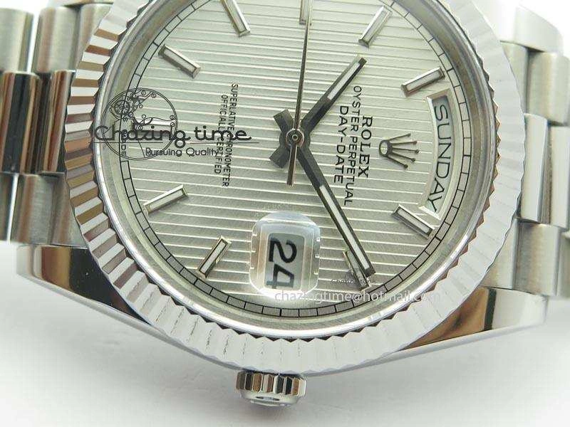 DayDate 40mm BP-Maker 228206 SS Silver Stick Dial (Fluted Bezel) On SS Bracelet ETA Lightweight 3908