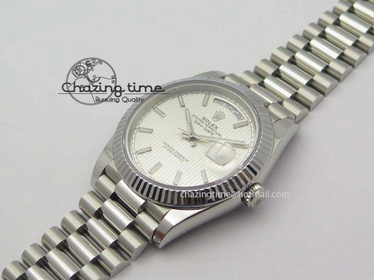 DayDate 40mm BP-Maker 228206 SS Silver Stick Dial (Fluted Bezel) On SS Bracelet ETA Lightweight 3908