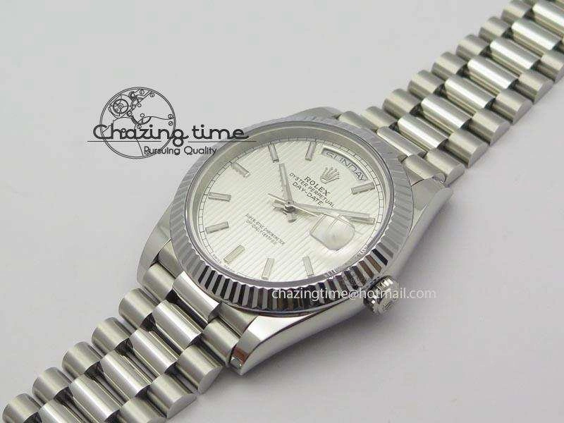 DayDate 40mm BP-Maker 228206 SS Silver Stick Dial (Fluted Bezel) On SS Bracelet ETA Lightweight 3908