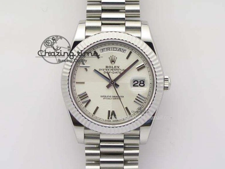 Modern DayDate 40mm BP-Maker 228206 SS White Roman Dial (Fluted Bezel) On SS Bracelet ETA 3905