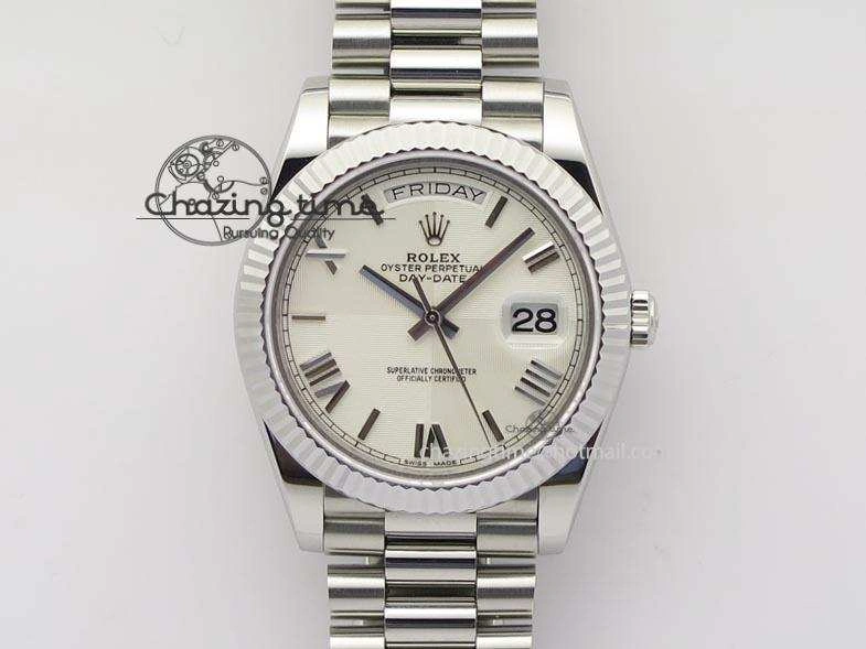 Modern DayDate 40mm BP-Maker 228206 SS White Roman Dial (Fluted Bezel) On SS Bracelet ETA 3905