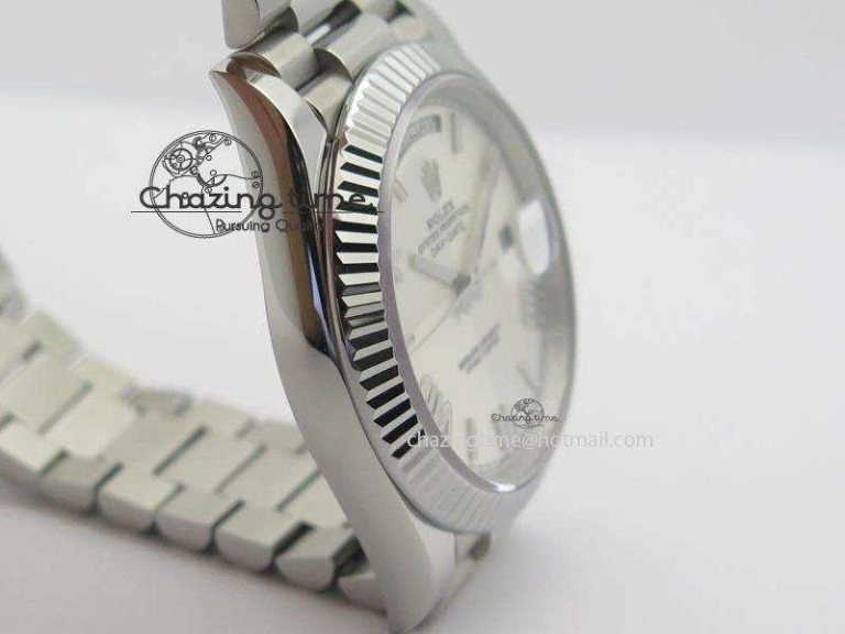 Modern DayDate 40mm BP-Maker 228206 SS White Roman Dial (Fluted Bezel) On SS Bracelet ETA 3905
