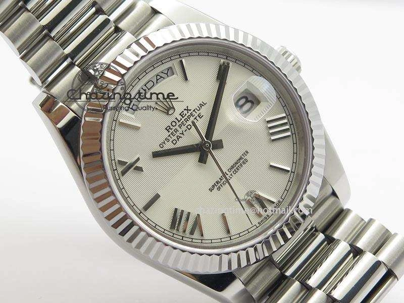 Modern DayDate 40mm BP-Maker 228206 SS White Roman Dial (Fluted Bezel) On SS Bracelet ETA 3905