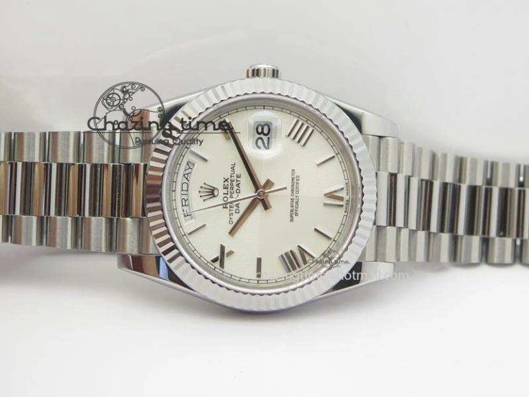 Modern DayDate 40mm BP-Maker 228206 SS White Roman Dial (Fluted Bezel) On SS Bracelet ETA 3905