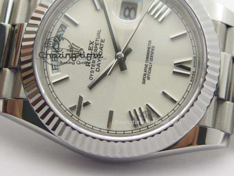 Modern DayDate 40mm BP-Maker 228206 SS White Roman Dial (Fluted Bezel) On SS Bracelet ETA 3905